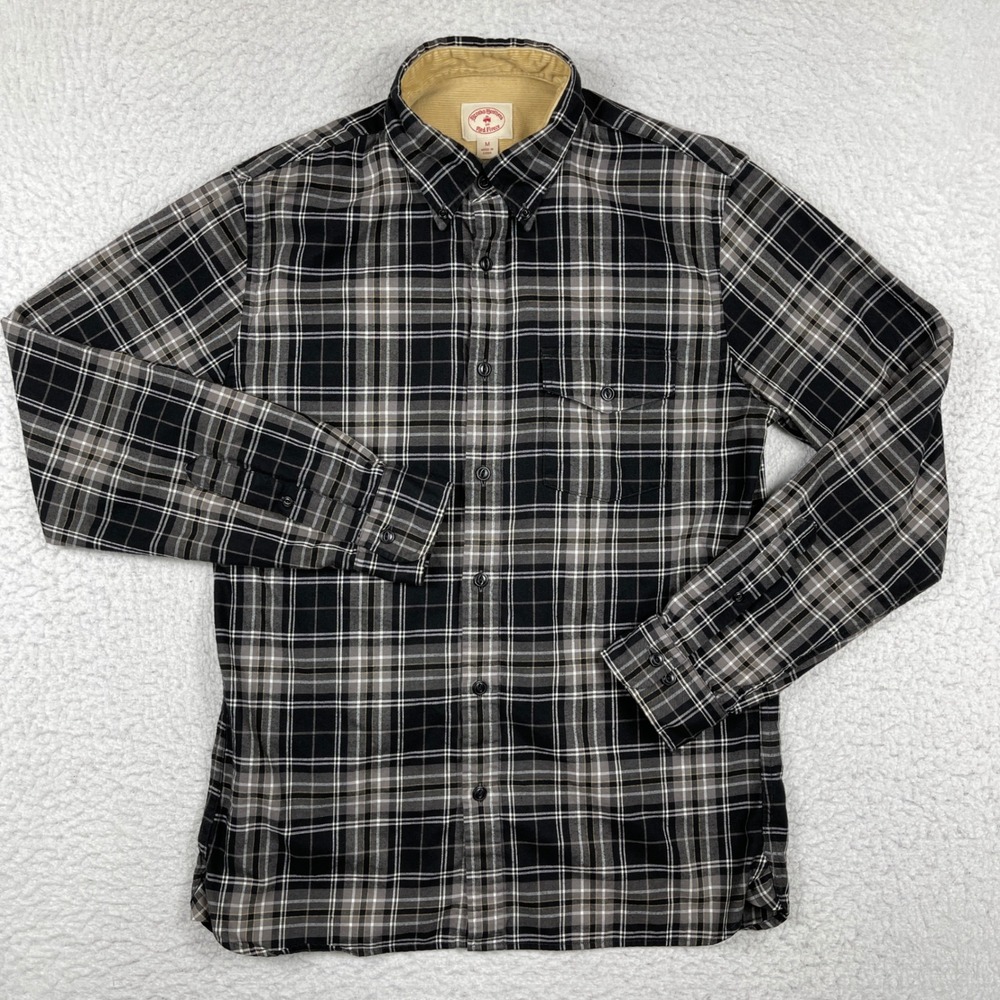 Brooks Brothers Red Fleece Shirt Mens M Black Grey Plaid Corduroy Collar Flannel